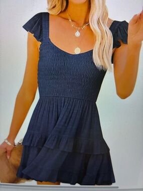 Smocked Flutter-Sleeve Mini A-Line Dress in Navy